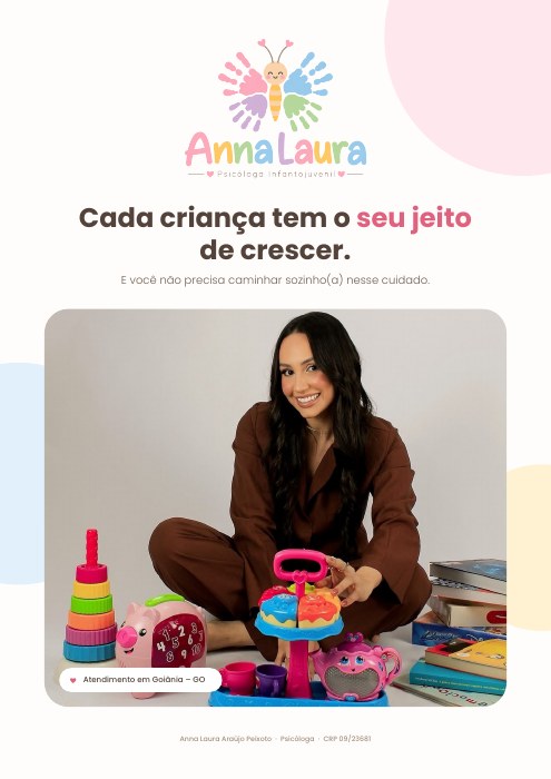 Capa da apresentação profissional de Anna Laura, com seu retrato e a frase Cada criança tem o seu jeito de crescer